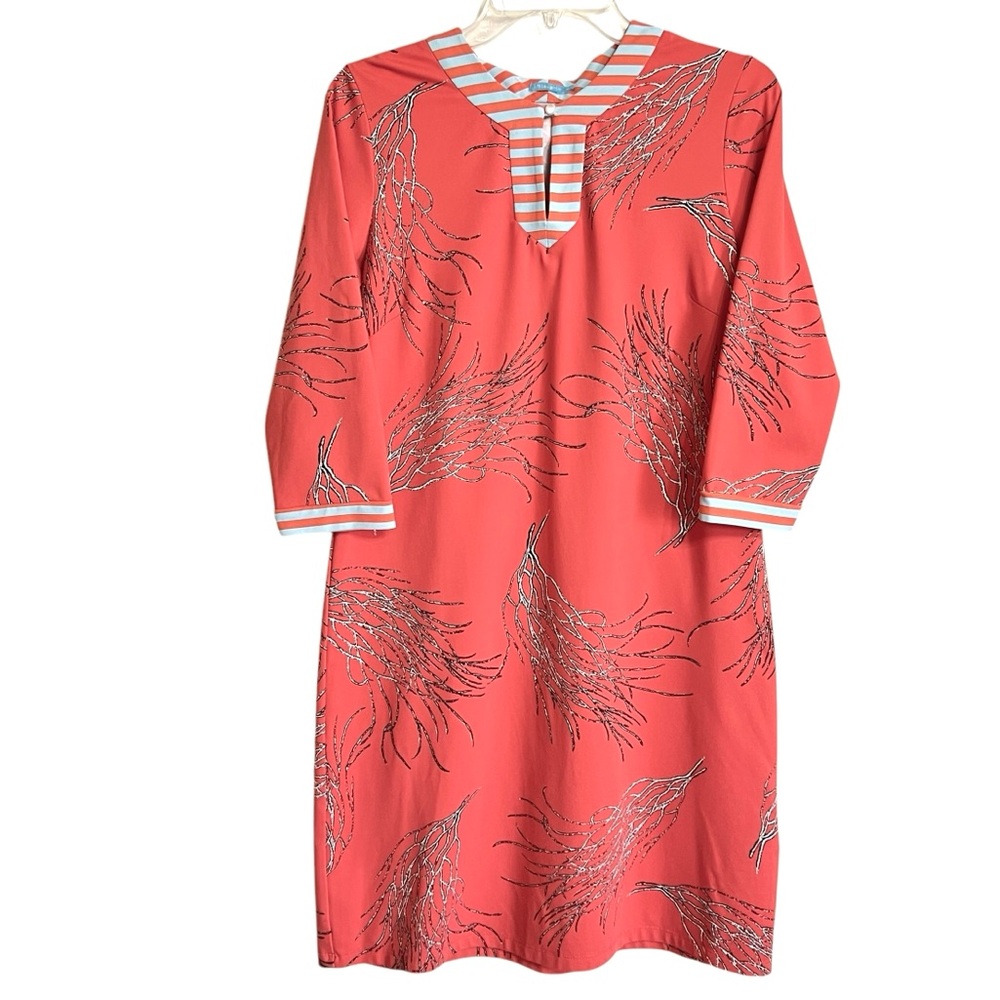 J. McLaughlin Catalina Cloth Shift Dress Womens M Coral Print Stretch Resortwear